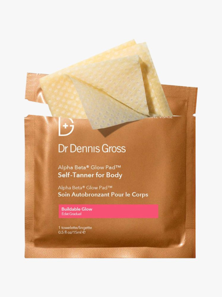 Dr. Dennis Gross Alpha Beta Glow Pad Self- Tanner for Body in branded component on a light gray background