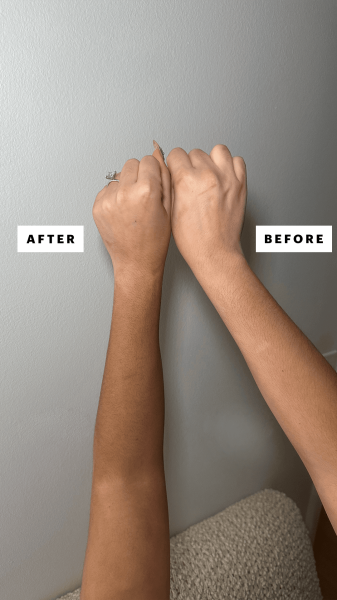 Left arm is after applying the St. Tropez SelfTan Supreme Violet and right arm is before